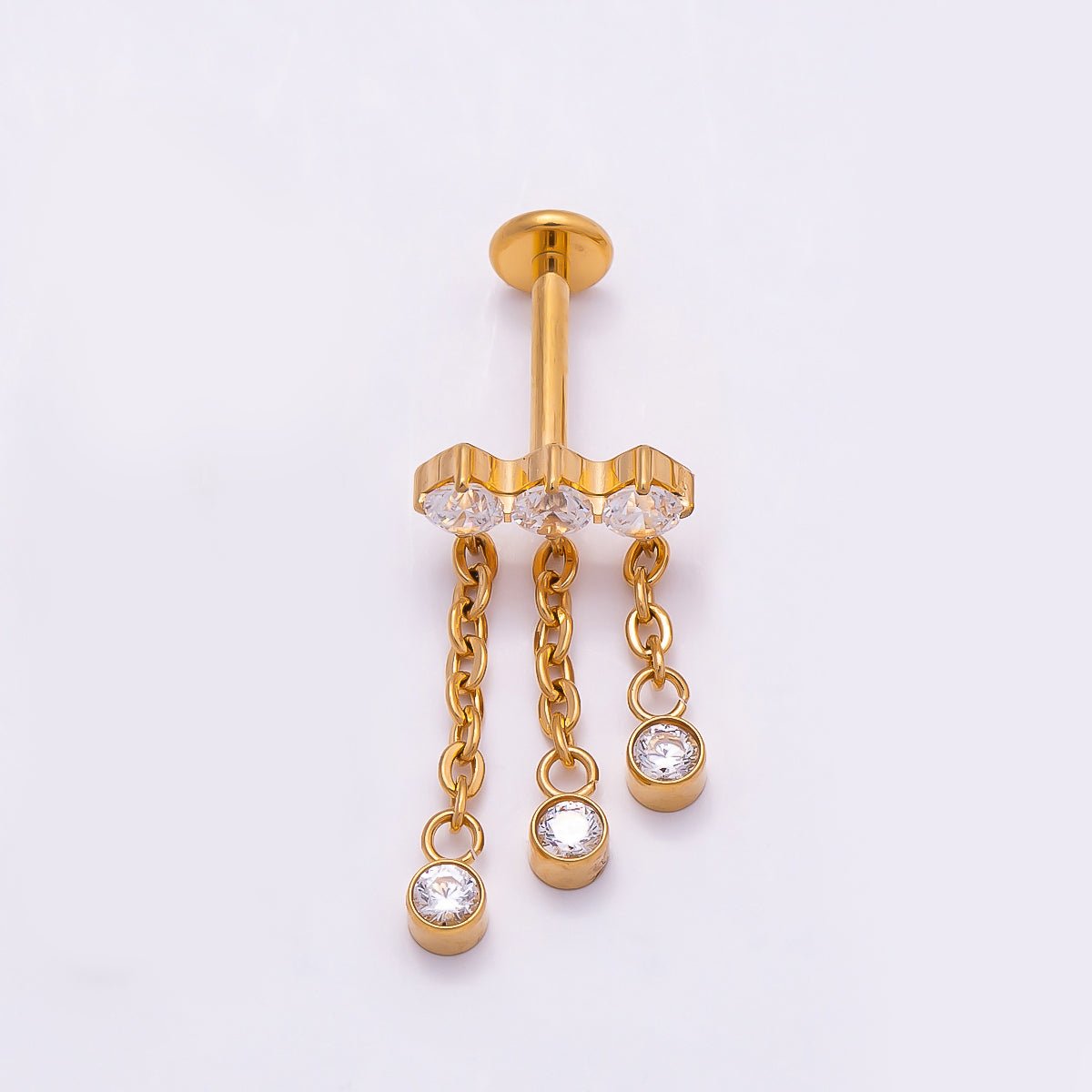 Titanium 18.5mm Triple Clear CZ Round Drop Cartilage Piercing Flat Back Stud in Gold &amp; Silver | BJ-00172 BJ-00173
