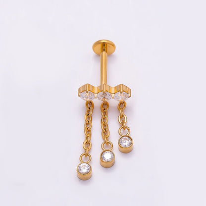 Titanium 18.5mm Triple Clear CZ Round Drop Cartilage Piercing Flat Back Stud in Gold &amp; Silver | BJ-00172 BJ-00173