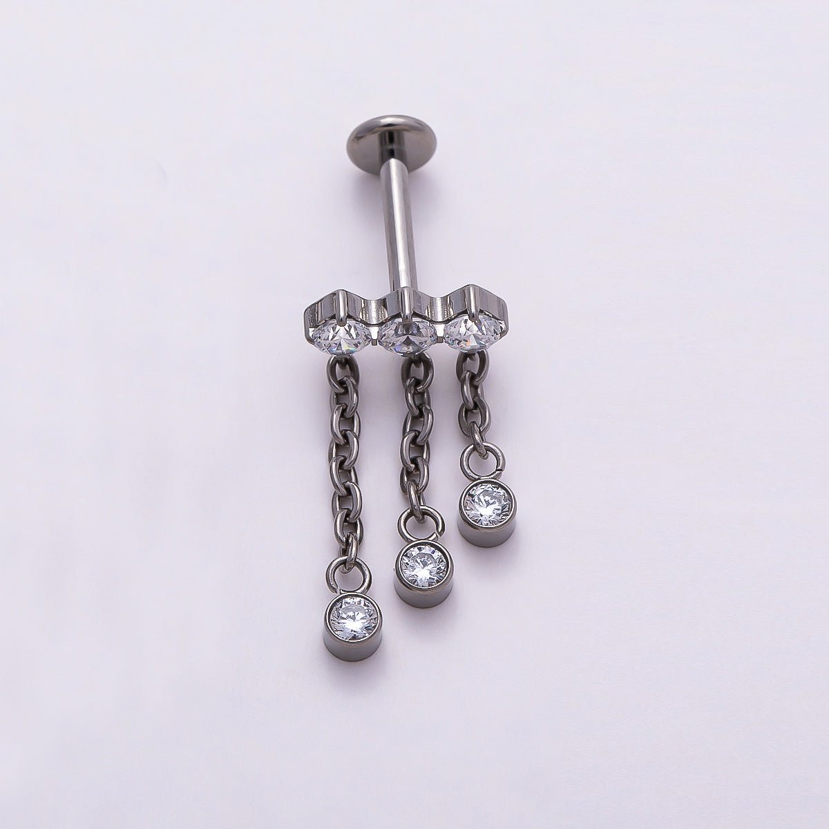 Titanium 18.5mm Triple Clear CZ Round Drop Cartilage Piercing Flat Back Stud in Gold &amp; Silver | BJ-00172 BJ-00173