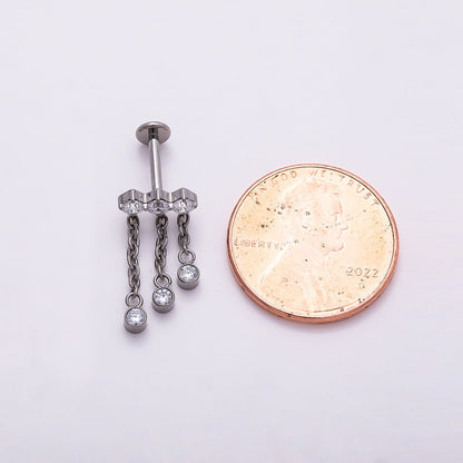 Titanium 18.5mm Triple Clear CZ Round Drop Cartilage Piercing Flat Back Stud in Gold &amp; Silver | BJ-00172 BJ-00173