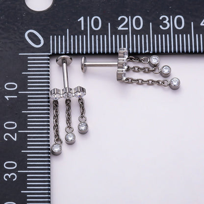 Titanium 18.5mm Triple Clear CZ Round Drop Cartilage Piercing Flat Back Stud in Gold &amp; Silver | BJ-00172 BJ-00173