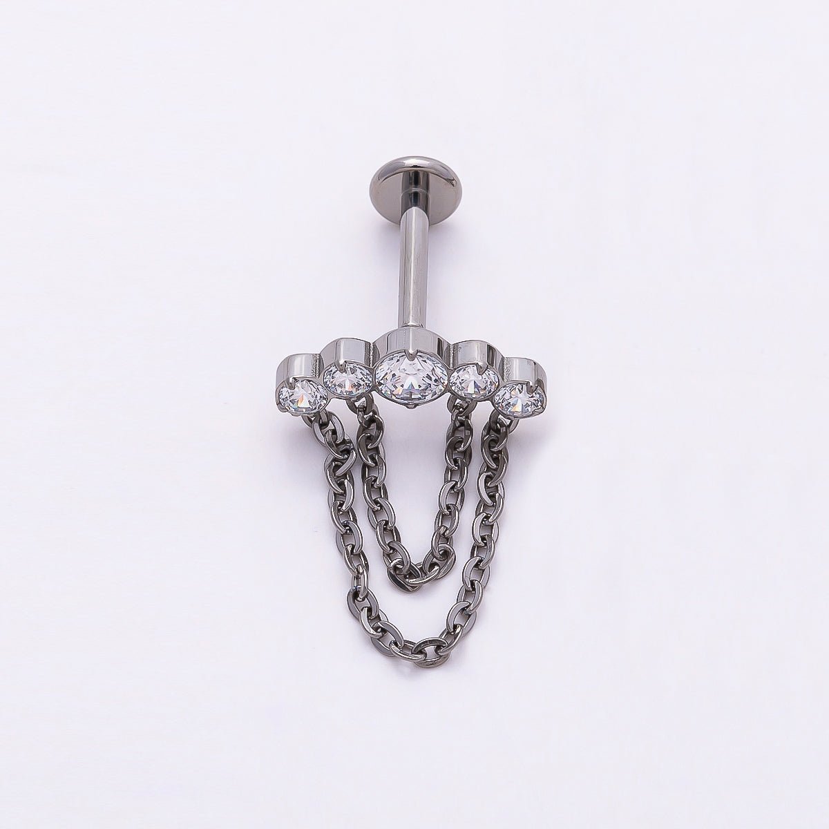 Titanium 18mm Multiple Clear CZ Round Chain Drop Cartilage Piercing Flat Back Stud in Gold &amp; Silver | BJ-00174 BJ-00175