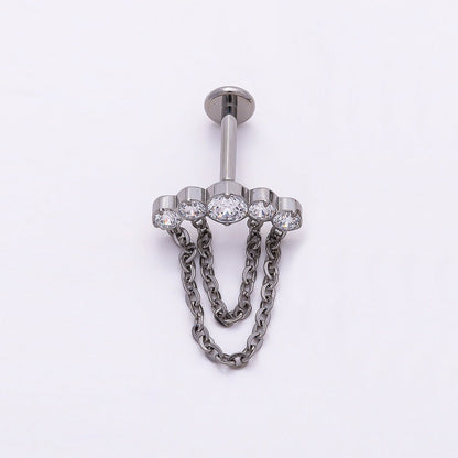 Titanium 18mm Multiple Clear CZ Round Chain Drop Cartilage Piercing Flat Back Stud in Gold &amp; Silver | BJ-00174 BJ-00175