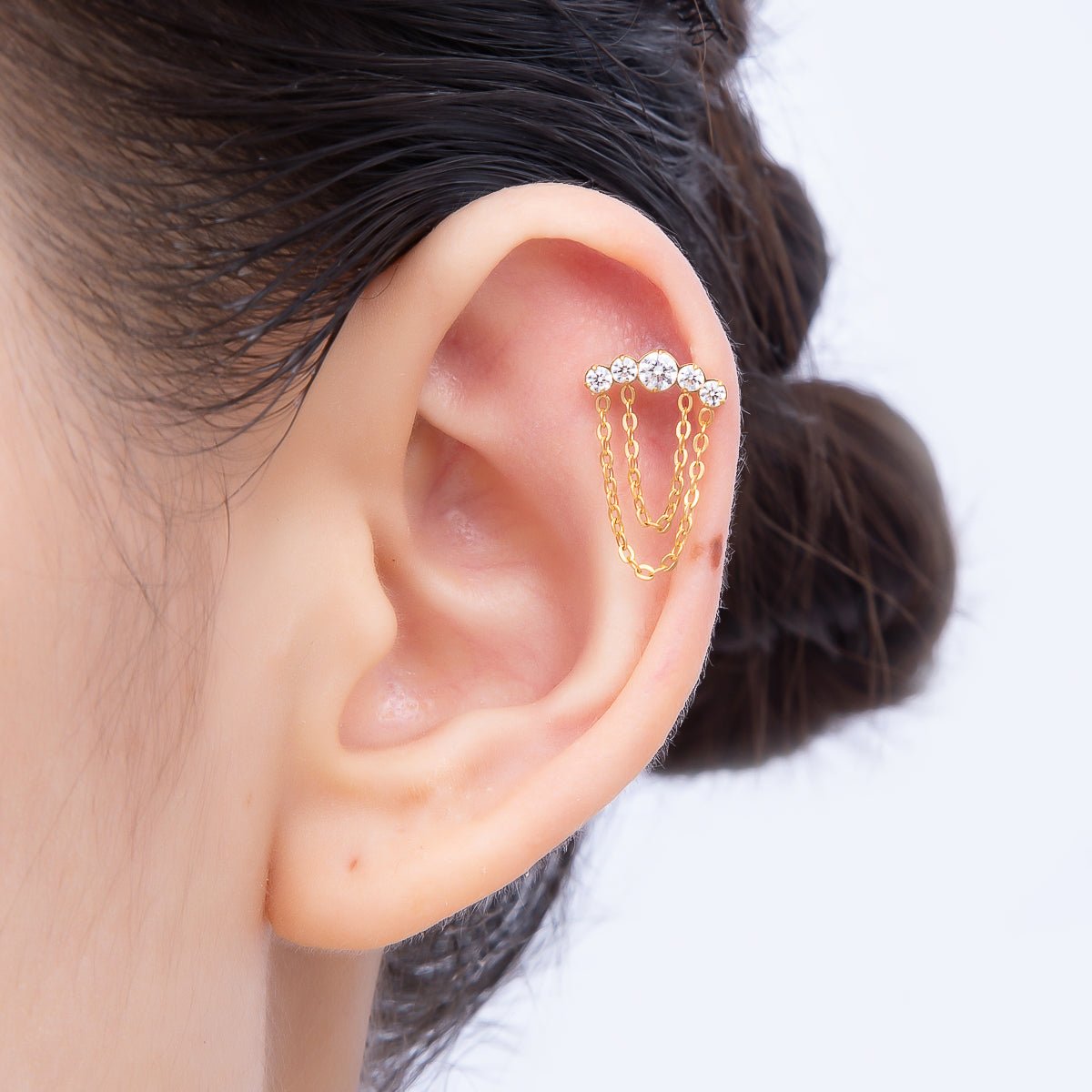 Titanium 18mm Multiple Clear CZ Round Chain Drop Cartilage Piercing Flat Back Stud in Gold &amp; Silver | BJ-00174 BJ-00175