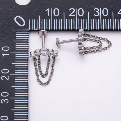 Titanium 18mm Multiple Clear CZ Round Chain Drop Cartilage Piercing Flat Back Stud in Gold &amp; Silver | BJ-00174 BJ-00175