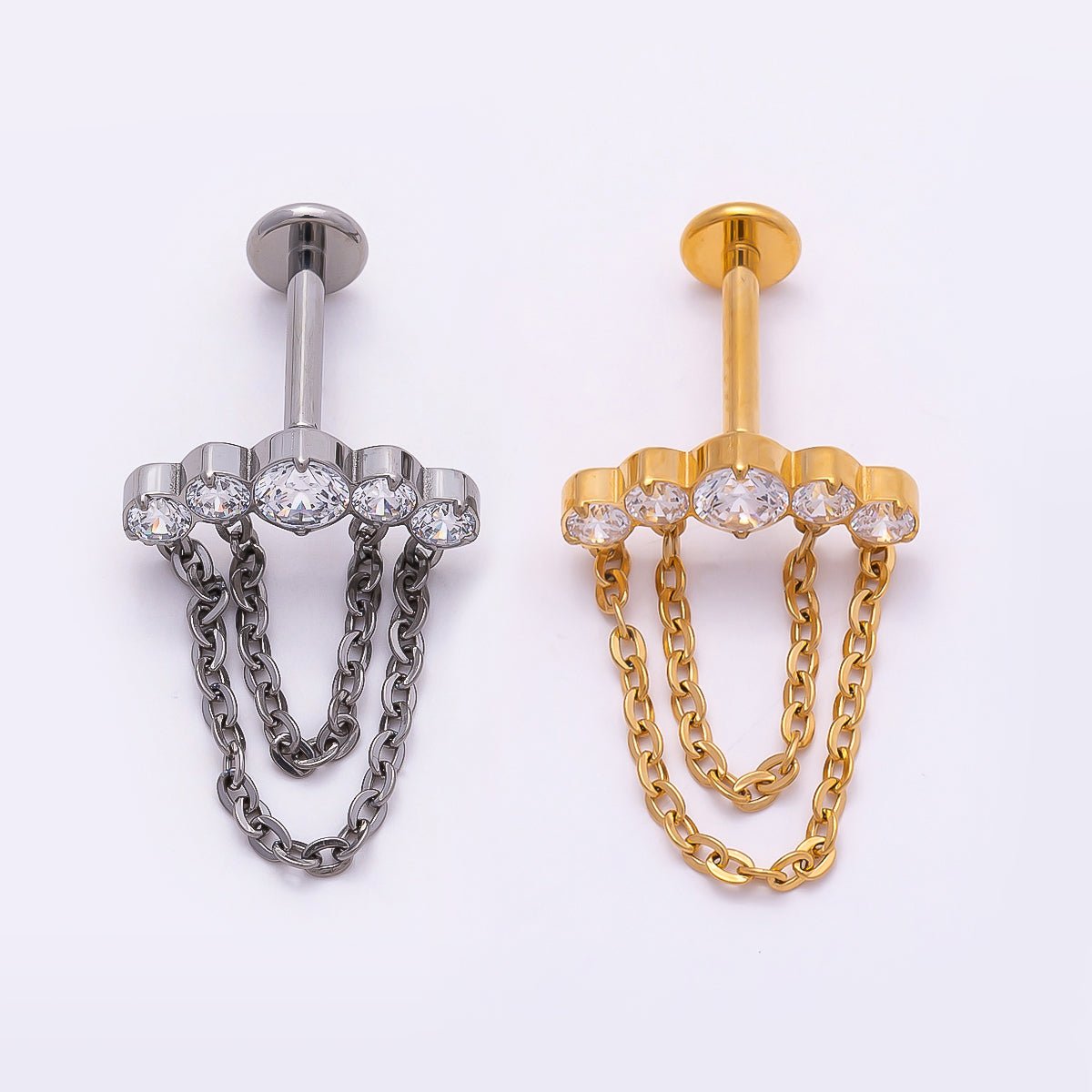 Titanium 18mm Multiple Clear CZ Round Chain Drop Cartilage Piercing Flat Back Stud in Gold &amp; Silver | BJ-00174 BJ-00175