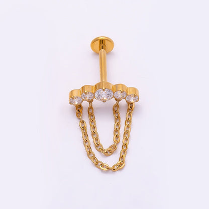 Titanium 18mm Multiple Clear CZ Round Chain Drop Cartilage Piercing Flat Back Stud in Gold &amp; Silver | BJ-00174 BJ-00175