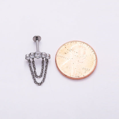 Titanium 18mm Multiple Clear CZ Round Chain Drop Cartilage Piercing Flat Back Stud in Gold &amp; Silver | BJ-00174 BJ-00175