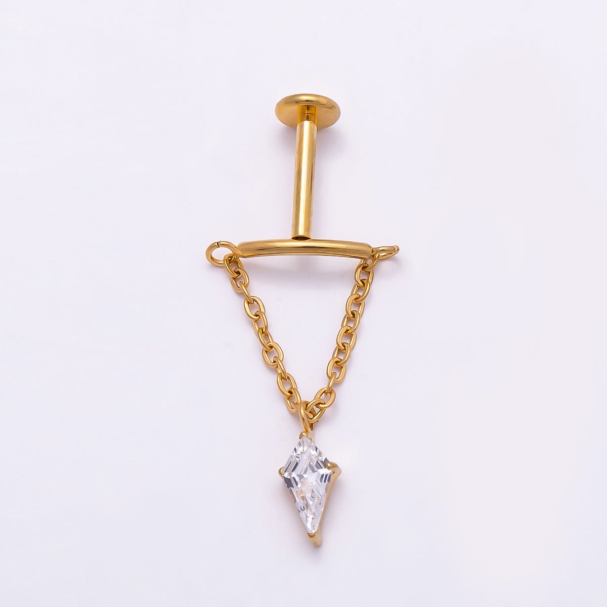 Titanium 20mm Clear CZ Kite Curved Chain Drop Cartilage Piercing Flat Back Stud in Gold &amp; Silver | BJ-00142 BJ-00143