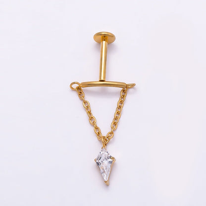 Titanium 20mm Clear CZ Kite Curved Chain Drop Cartilage Piercing Flat Back Stud in Gold &amp; Silver | BJ-00142 BJ-00143