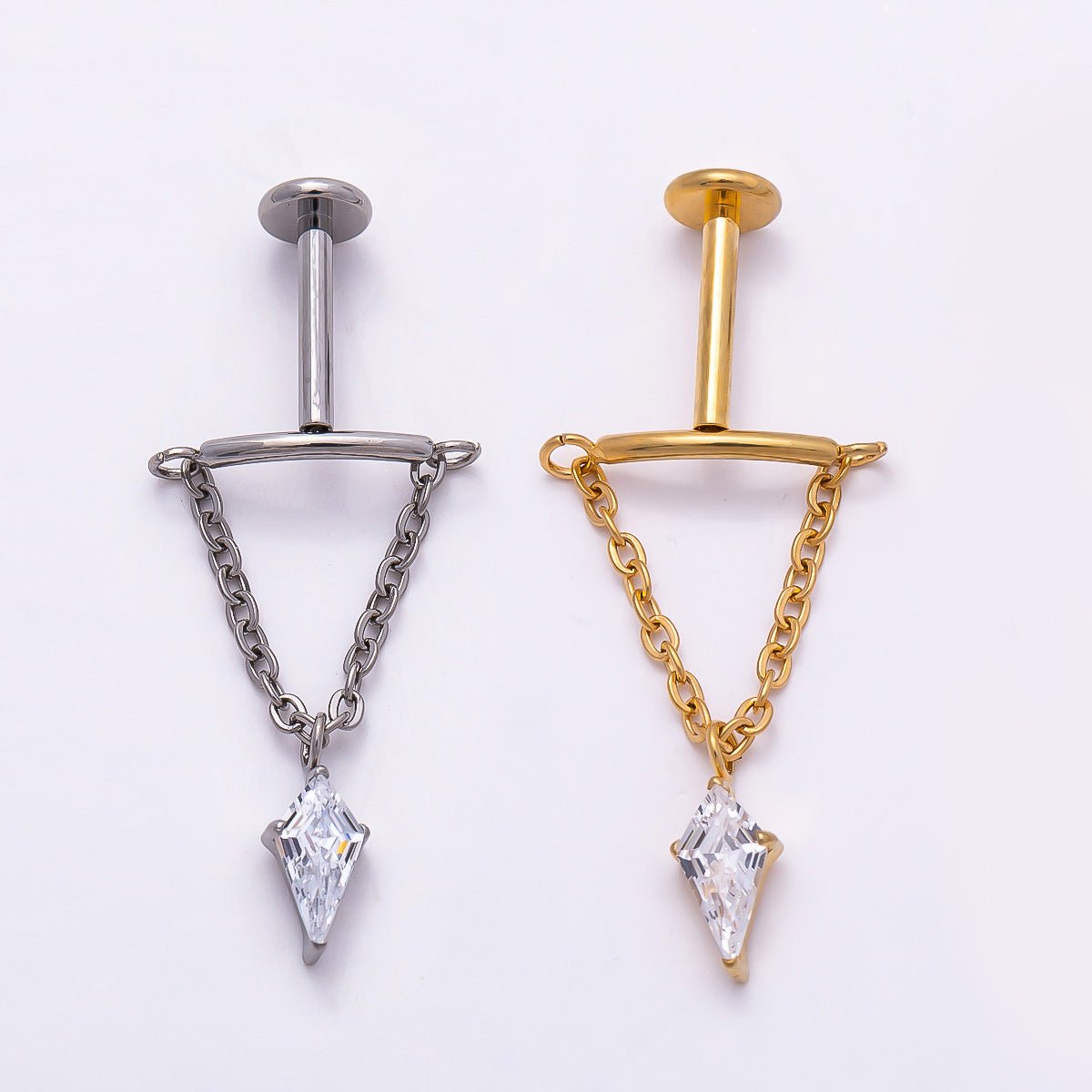 Titanium 20mm Clear CZ Kite Curved Chain Drop Cartilage Piercing Flat Back Stud in Gold &amp; Silver | BJ-00142 BJ-00143