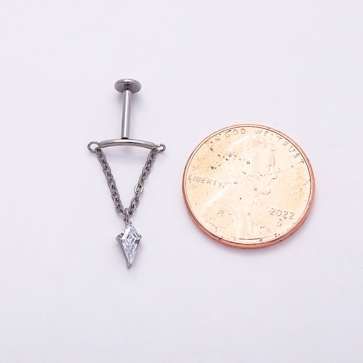 Titanium 20mm Clear CZ Kite Curved Chain Drop Cartilage Piercing Flat Back Stud in Gold &amp; Silver | BJ-00142 BJ-00143