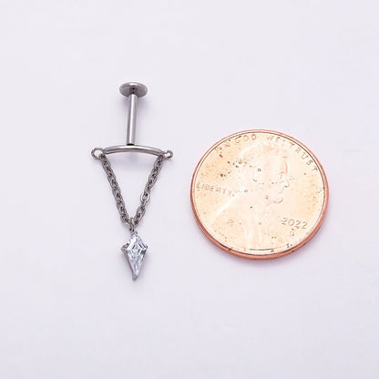 Titanium 20mm Clear CZ Kite Curved Chain Drop Cartilage Piercing Flat Back Stud in Gold &amp; Silver | BJ-00142 BJ-00143