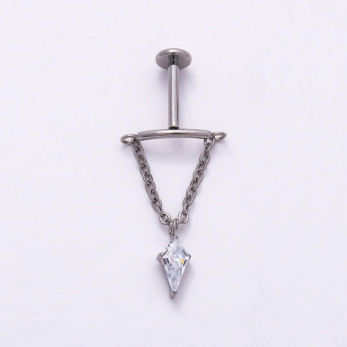 Titanium 20mm Clear CZ Kite Curved Chain Drop Cartilage Piercing Flat Back Stud in Gold &amp; Silver | BJ-00142 BJ-00143