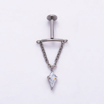 Titanium 20mm Clear CZ Kite Curved Chain Drop Cartilage Piercing Flat Back Stud in Gold &amp; Silver | BJ-00142 BJ-00143