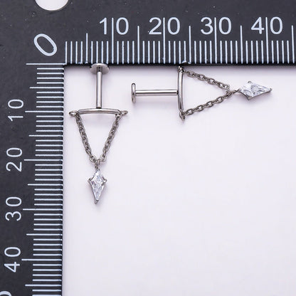 Titanium 20mm Clear CZ Kite Curved Chain Drop Cartilage Piercing Flat Back Stud in Gold &amp; Silver | BJ-00142 BJ-00143