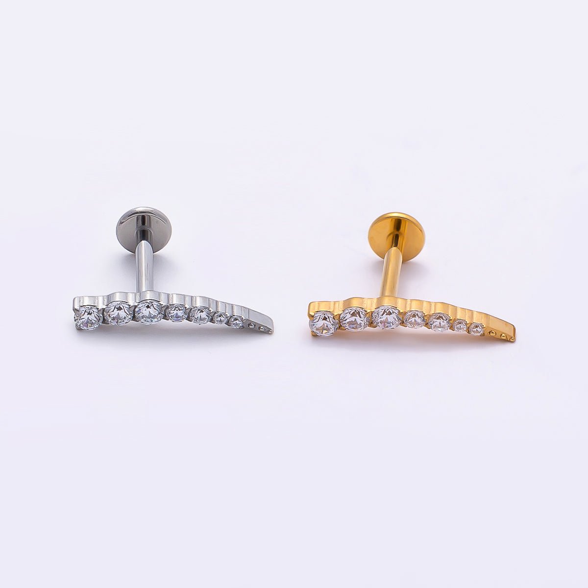 Titanium 2.5mm Clear CZ Curved Cartilage Piercing Flat Back Stud in Gold &amp; Silver | BJ-00178 BJ-00179