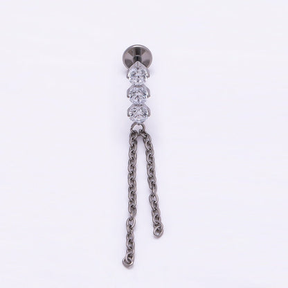 Titanium 31.5mm Triple CZ Chain Drop Cartilage Piercing Flat Back Stud | BJ-00141