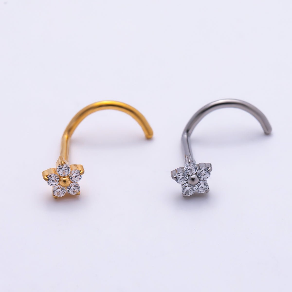 Titanium 3mm Clear CZ Flower Cartilage Nose Single Piercing Stud in Gold &amp; Silver | BJ-00230 BJ-00231