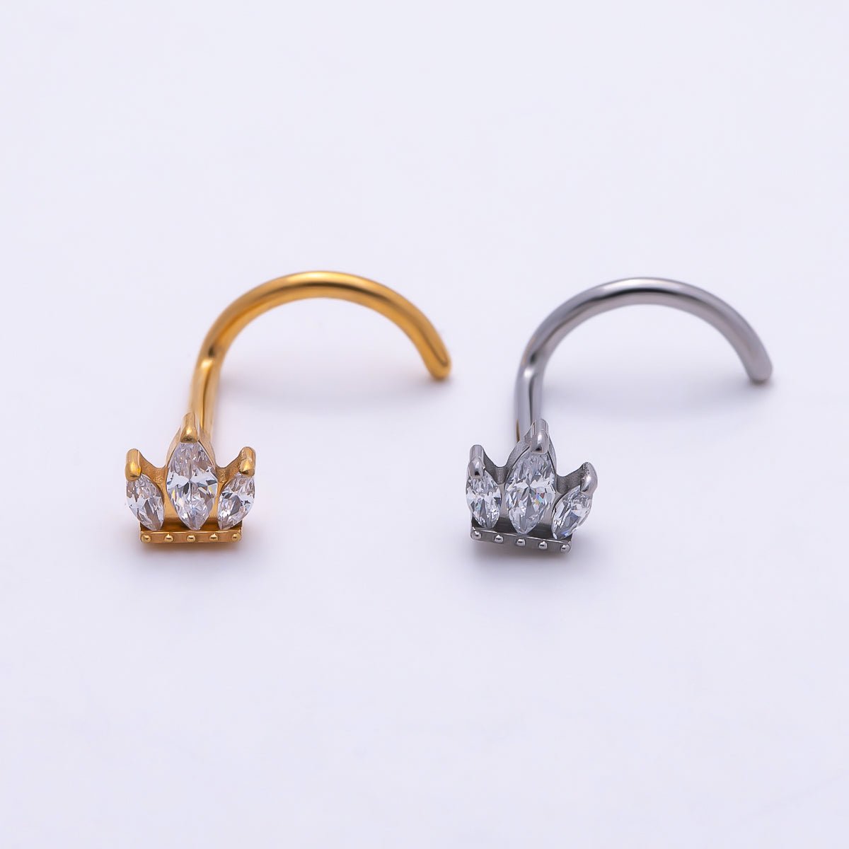 Titanium 3mm Triple Marquise CZ Cartilage Nose Single Piercing Stud in Gold &amp; Silver | BJ-00214 BJ-00215
