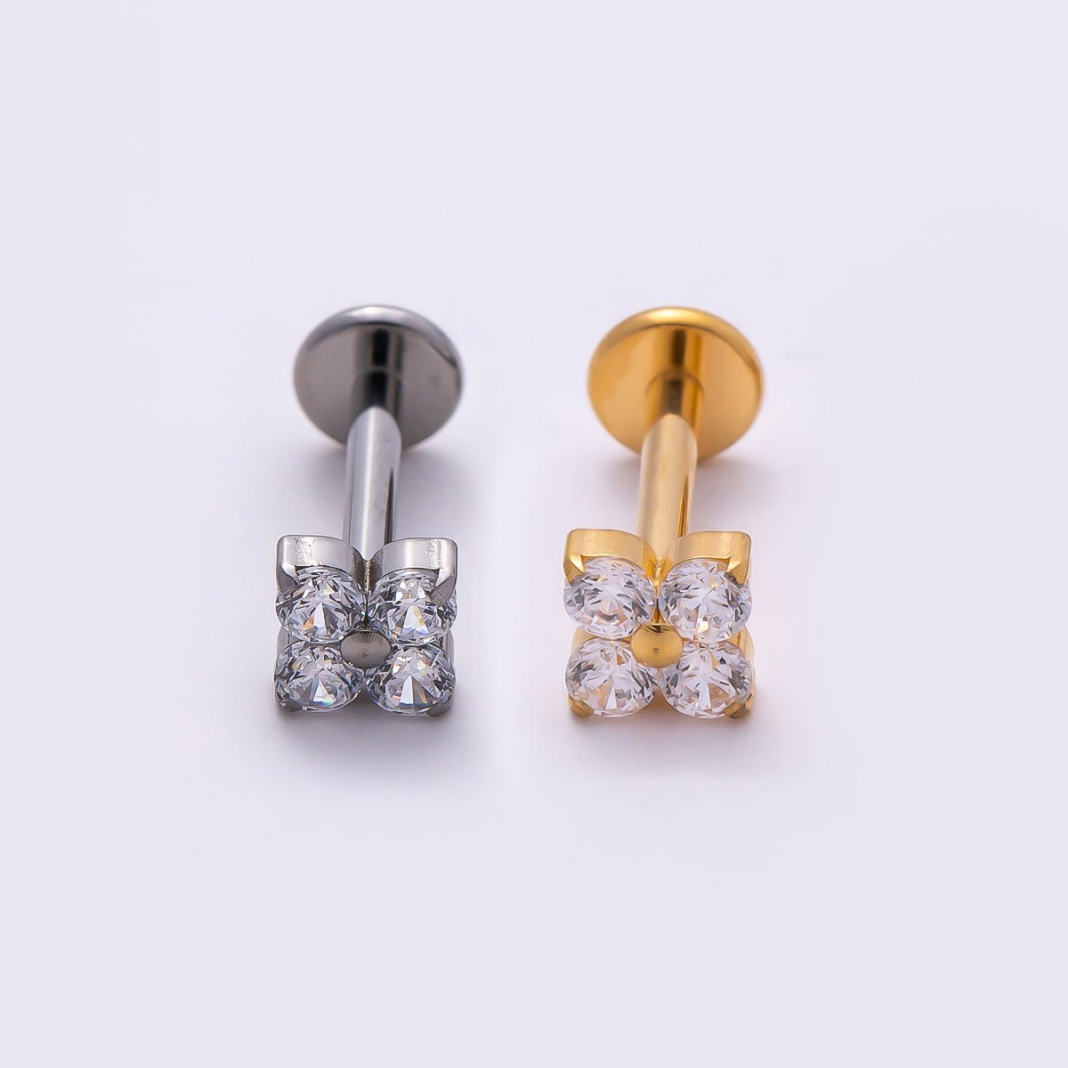 Titanium 4mm Clear CZ Flower Single Cartilage Piercing Flat Back Stud in Gold &amp; Silver | BJ-00160 BJ-00161