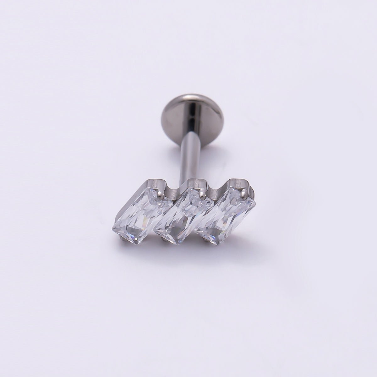 Titanium 4mm Triple Baguette CZ Cartilage Piercing Flat Back Stud in Gold &amp; Silver | BJ-00084 BJ-00085
