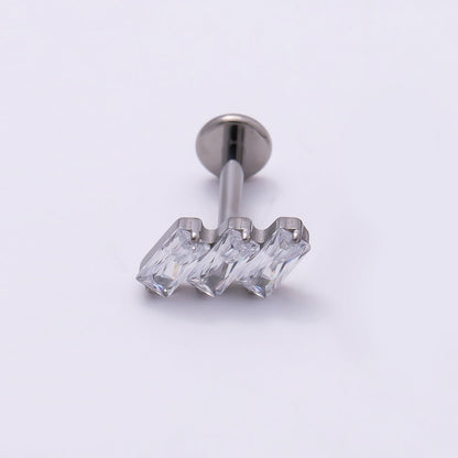 Titanium 4mm Triple Baguette CZ Cartilage Piercing Flat Back Stud in Gold &amp; Silver | BJ-00084 BJ-00085