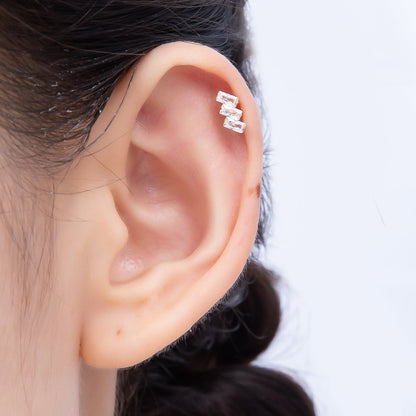 Titanium 4mm Triple Baguette CZ Cartilage Piercing Flat Back Stud in Gold &amp; Silver | BJ-00084 BJ-00085