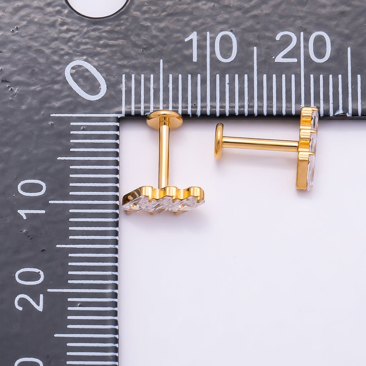 Titanium 4mm Triple Baguette CZ Cartilage Piercing Flat Back Stud in Gold &amp; Silver | BJ-00084 BJ-00085