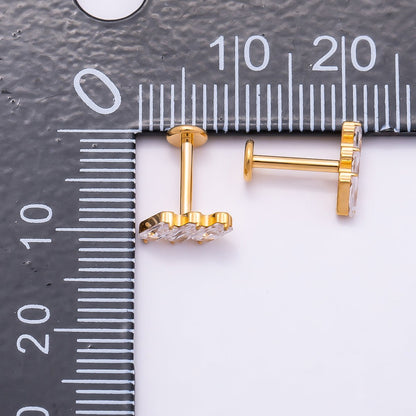 Titanium 4mm Triple Baguette CZ Cartilage Piercing Flat Back Stud in Gold &amp; Silver | BJ-00084 BJ-00085