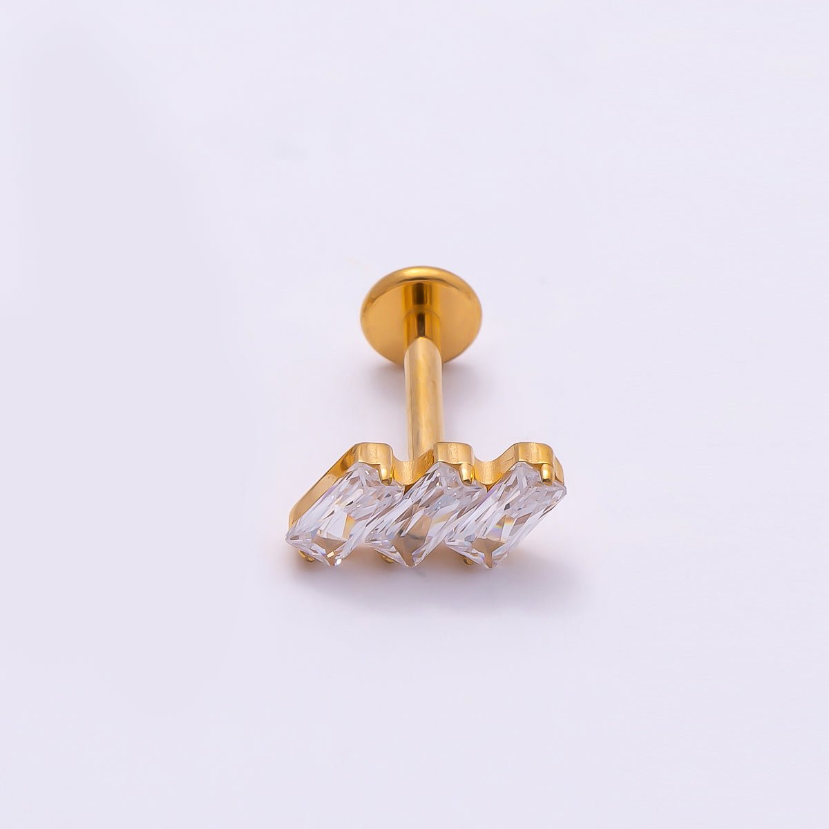 Titanium 4mm Triple Baguette CZ Cartilage Piercing Flat Back Stud in Gold &amp; Silver | BJ-00084 BJ-00085