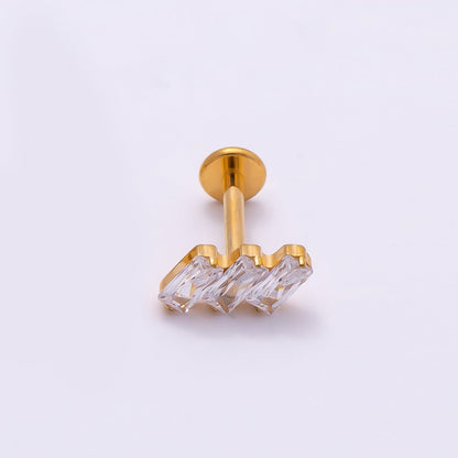 Titanium 4mm Triple Baguette CZ Cartilage Piercing Flat Back Stud in Gold &amp; Silver | BJ-00084 BJ-00085