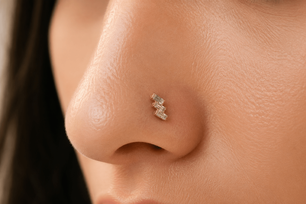 Titanium 4mm Triple Baguette CZ Cartilage Piercing Flat Back Stud in Gold &amp; Silver | BJ-00084 BJ-00085