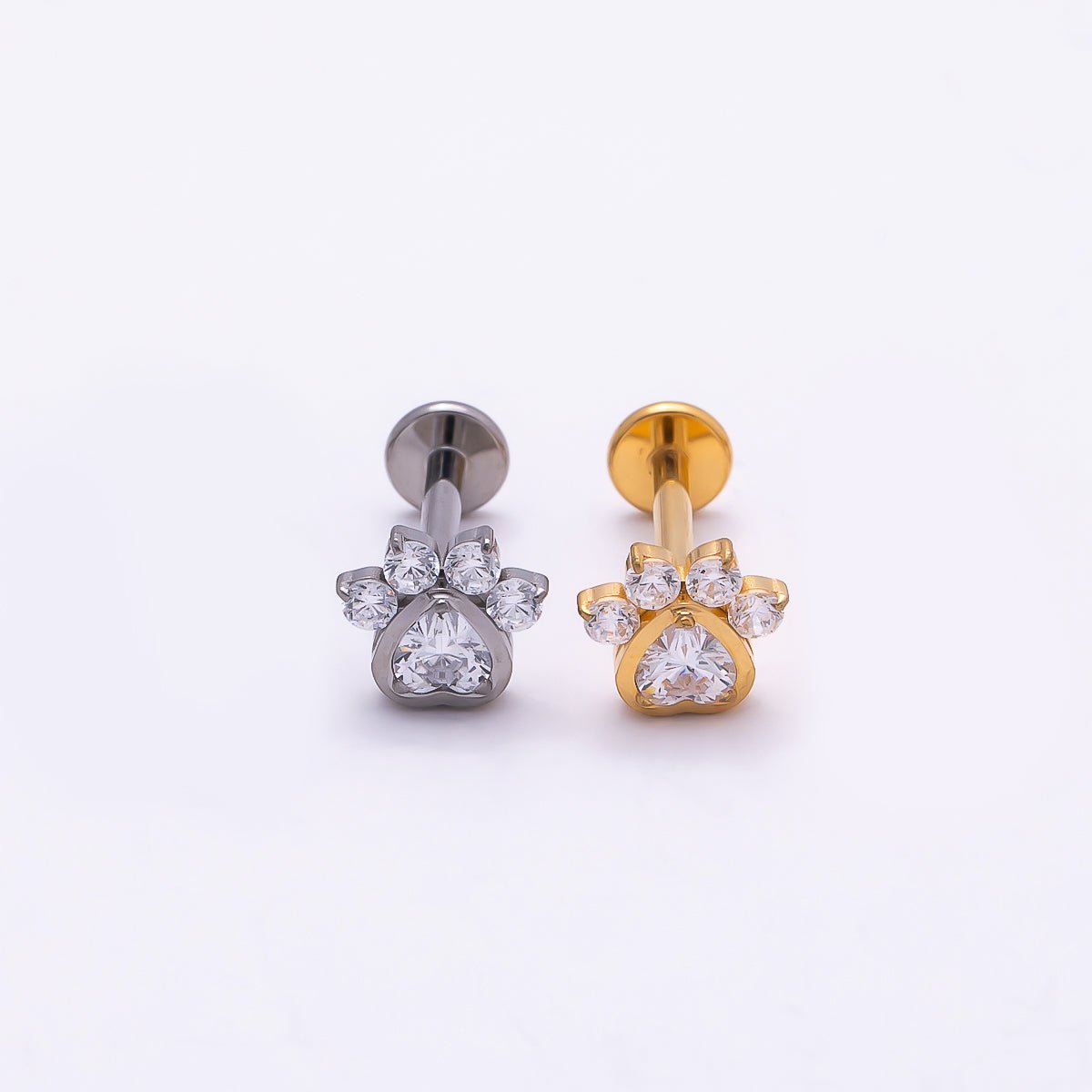 Titanium 5.5mm Clear CZ Pawprint Cartilage Piercing Flat Back Stud in Gold &amp; Silver | BJ-00186 BJ-00187