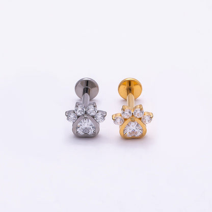 Titanium 5.5mm Clear CZ Pawprint Cartilage Piercing Flat Back Stud in Gold &amp; Silver | BJ-00186 BJ-00187