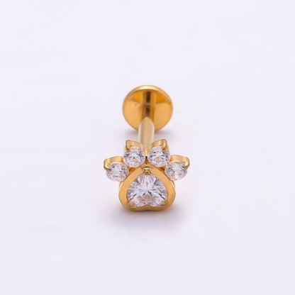 Titanium 5.5mm Clear CZ Pawprint Cartilage Piercing Flat Back Stud in Gold &amp; Silver | BJ-00186 BJ-00187
