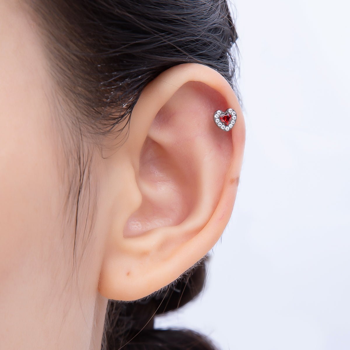 Titanium 5.5mm Red Micro Paved CZ Heart Cartilage Piercing Flat Back Stud in Gold &amp; Silver | BJ-00069 BJ-00069