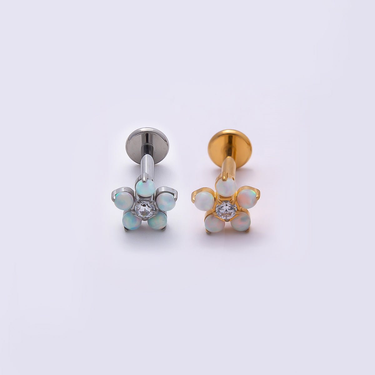 Titanium 5.5mm White Opal Clear CZ Flower Cartilage Piercing Flat Back Stud in Gold &amp; Silver | BJ-00164 BJ-00165