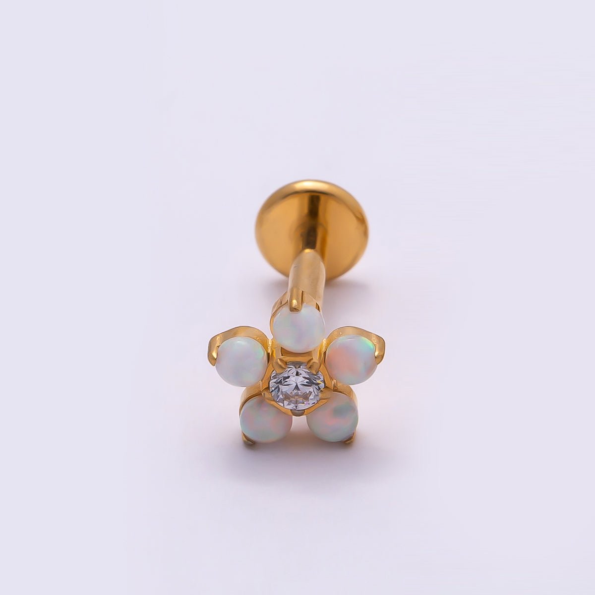 Titanium 5.5mm White Opal Clear CZ Flower Cartilage Piercing Flat Back Stud in Gold &amp; Silver | BJ-00164 BJ-00165