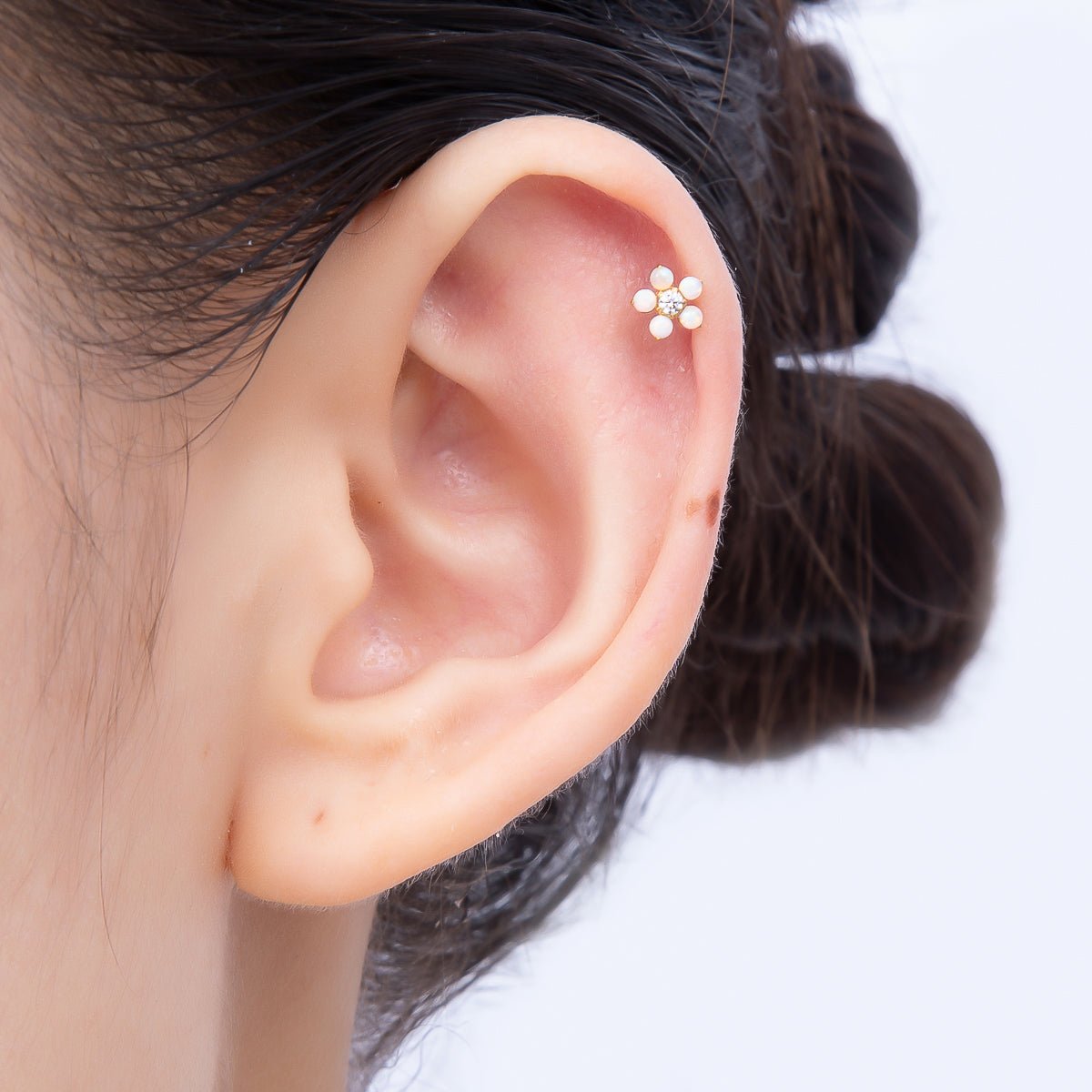 Titanium 5.5mm White Opal Clear CZ Flower Cartilage Piercing Flat Back Stud in Gold &amp; Silver | BJ-00164 BJ-00165