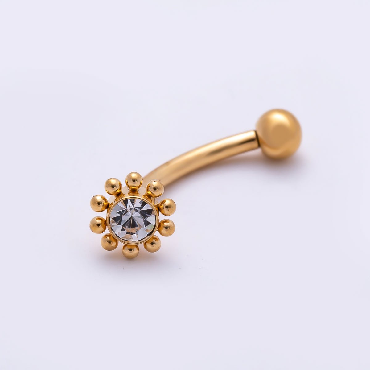 Titanium 5mm Clear CZ Flower Curved Eyebrow Barbell Piercing Stud in Gold &amp; Silver | BJ-00236 BJ-00237
