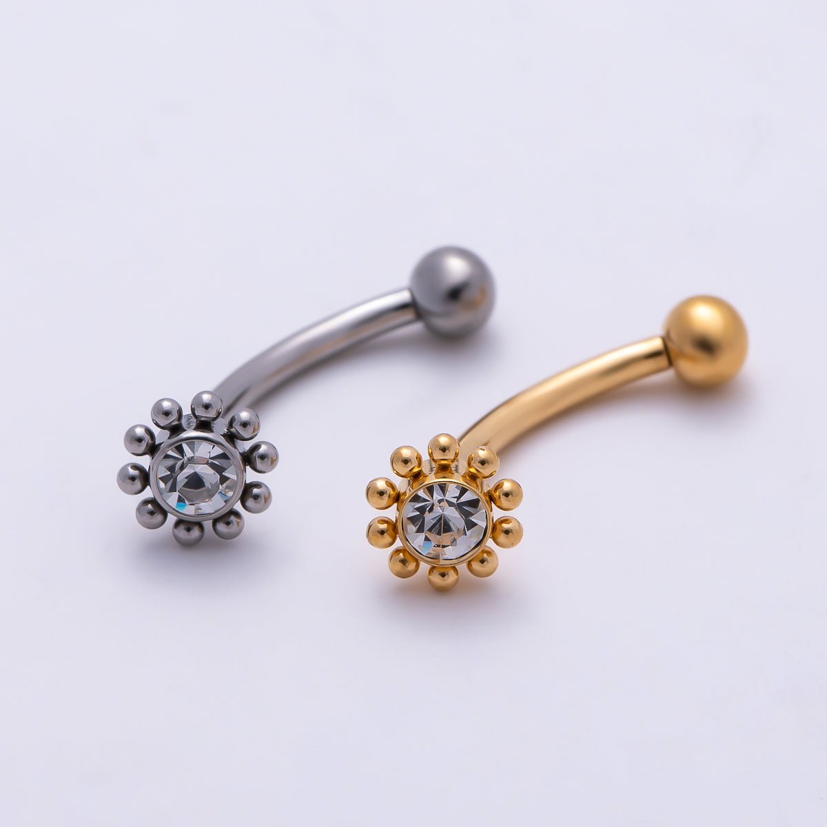 Titanium 5mm Clear CZ Flower Curved Eyebrow Barbell Piercing Stud in Gold &amp; Silver | BJ-00236 BJ-00237