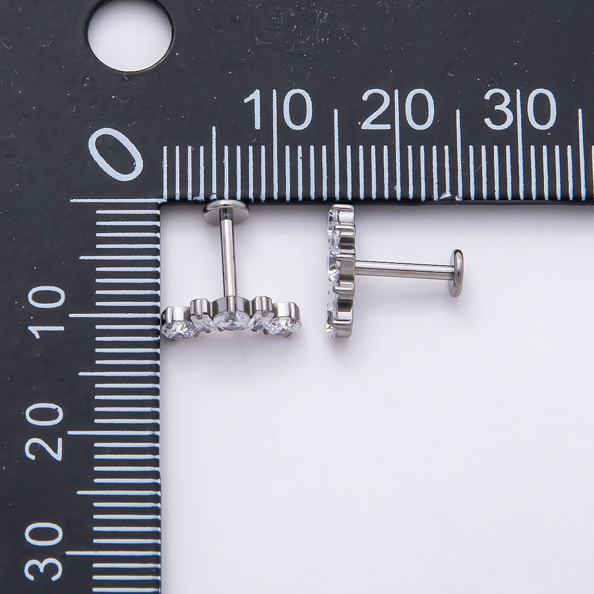Titanium 5mm Clear CZ Round Baguette Curved Cartilage Piercing Flat Back Stud in Gold &amp; Silver | BJ-00196 BJ-00197