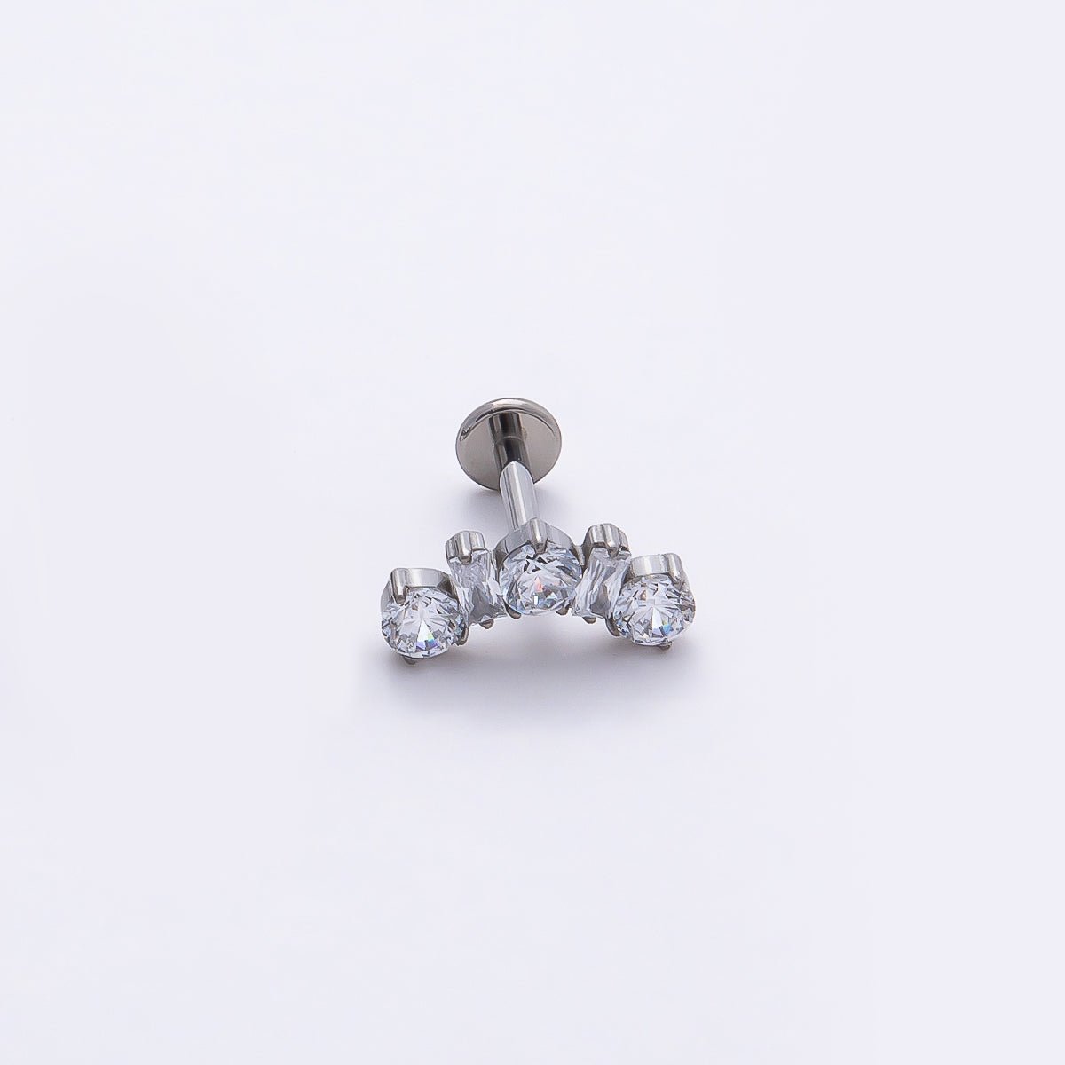 Titanium 5mm Clear CZ Round Baguette Curved Cartilage Piercing Flat Back Stud in Gold &amp; Silver | BJ-00196 BJ-00197