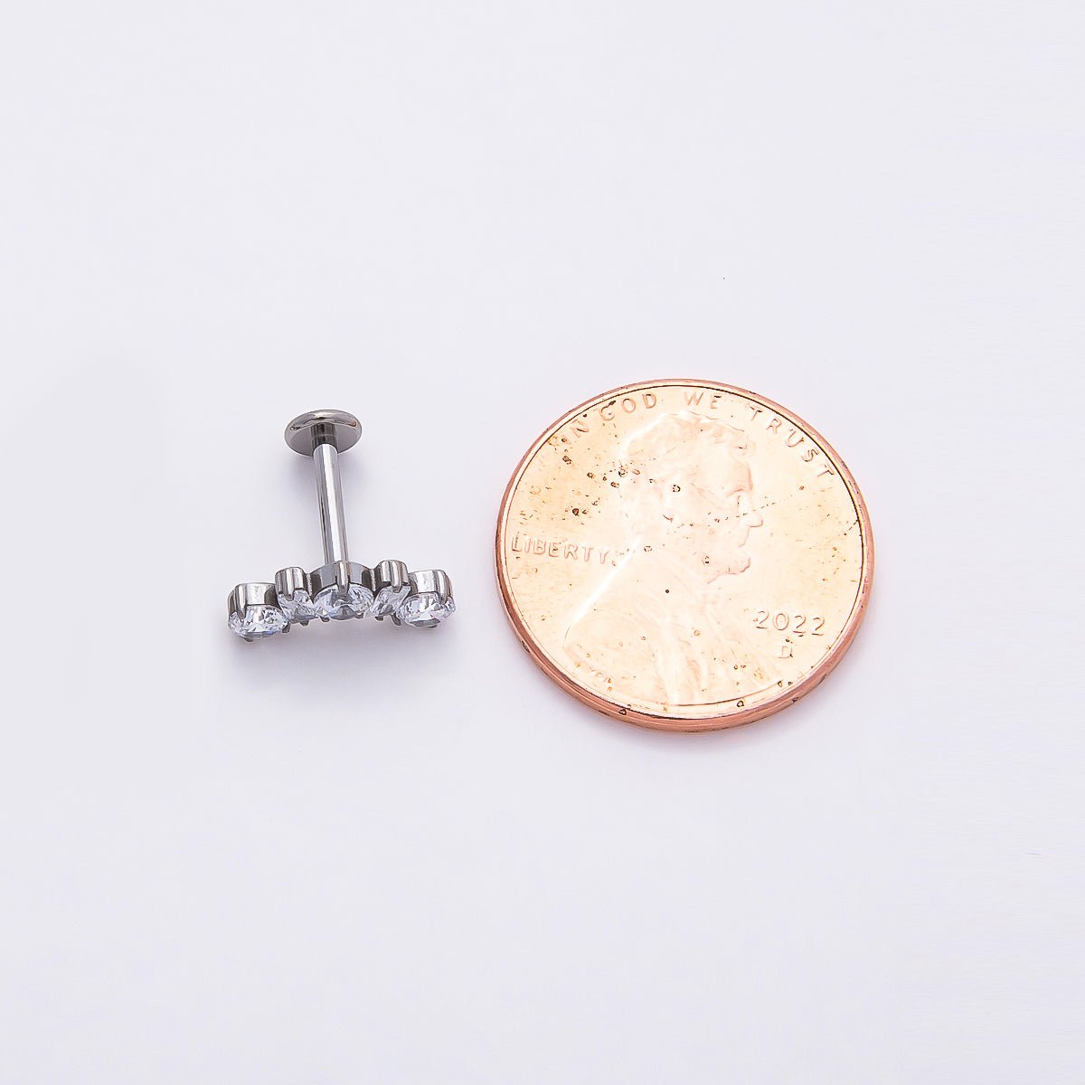 Titanium 5mm Clear CZ Round Baguette Curved Cartilage Piercing Flat Back Stud in Gold &amp; Silver | BJ-00196 BJ-00197