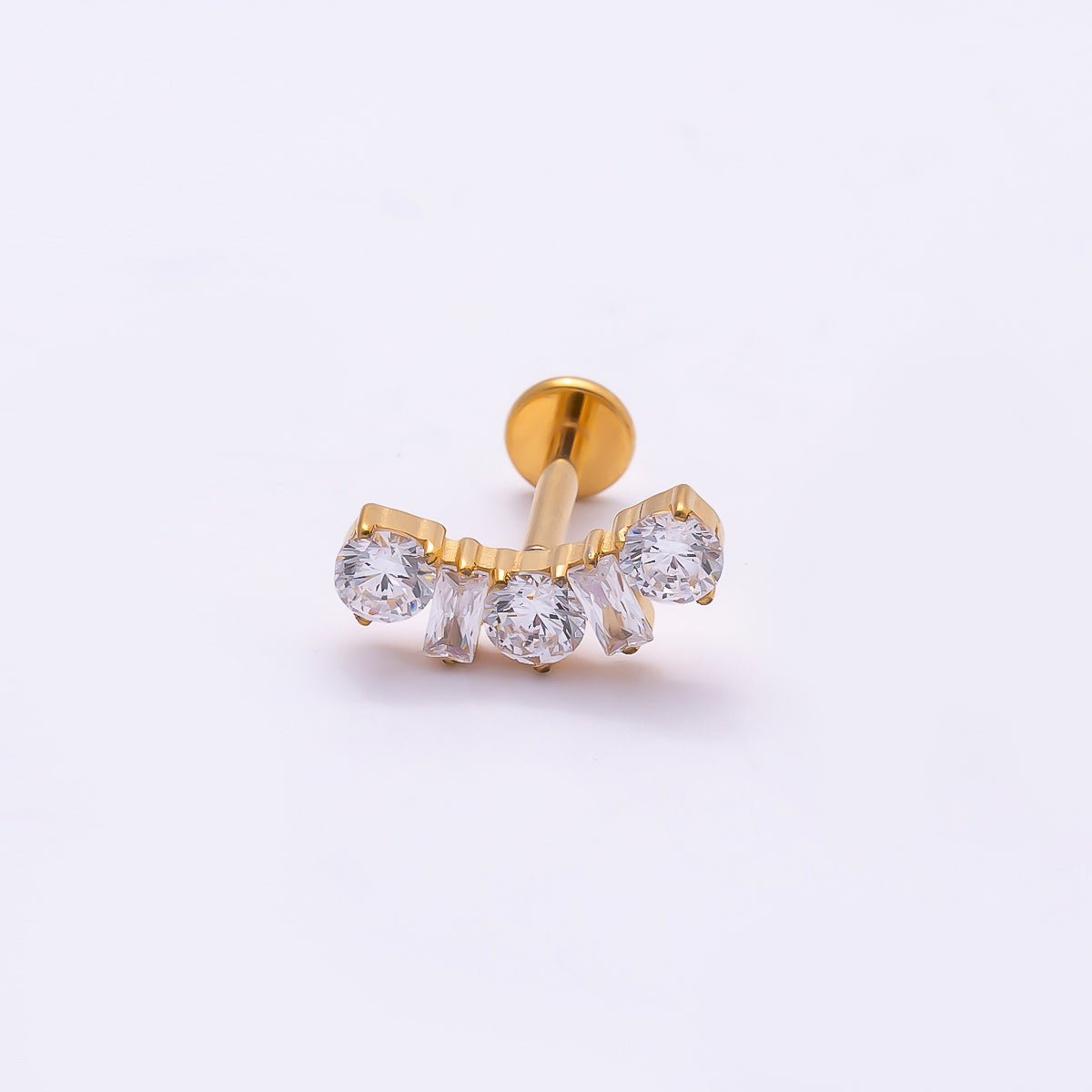 Titanium 5mm Clear CZ Round Baguette Curved Cartilage Piercing Flat Back Stud in Gold &amp; Silver | BJ-00196 BJ-00197