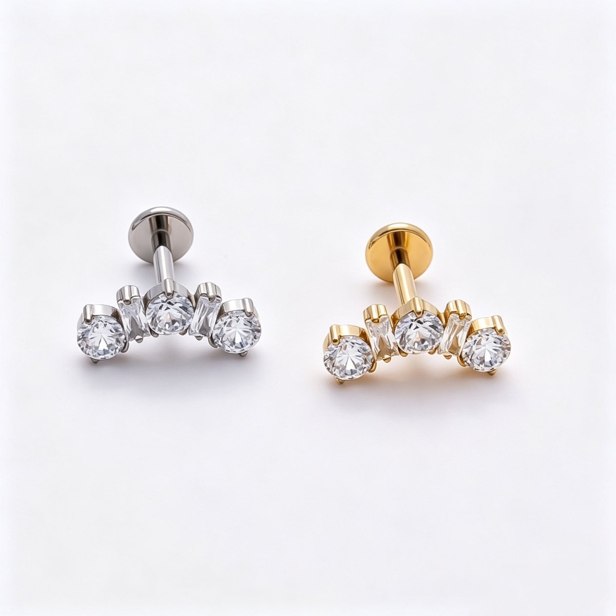 Titanium 5mm Clear CZ Round Baguette Curved Cartilage Piercing Flat Back Stud in Gold &amp; Silver | BJ-00196 BJ-00197