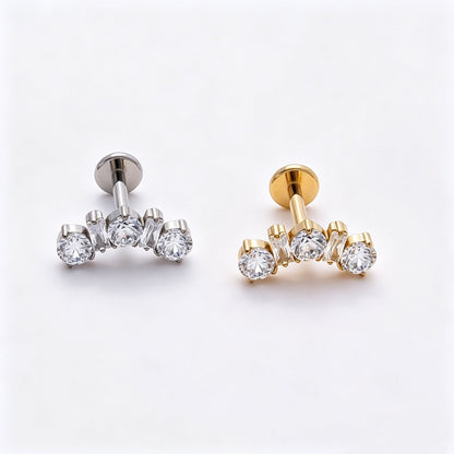 Titanium 5mm Clear CZ Round Baguette Curved Cartilage Piercing Flat Back Stud in Gold &amp; Silver | BJ-00196 BJ-00197