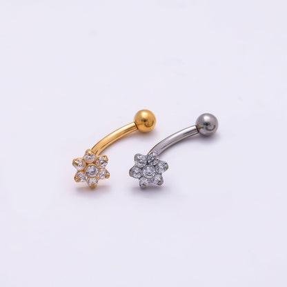Titanium 16 Gauge Flower Clear CZ Curved Eyebrow Barbell Piercing Stud in Gold &amp; Silver | BJ-00154 BJ-00155