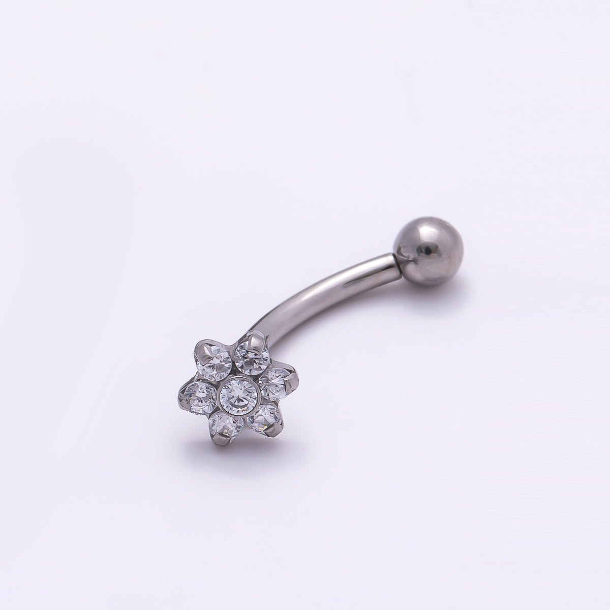 Titanium 16 Gauge Flower Clear CZ Curved Eyebrow Barbell Piercing Stud in Gold &amp; Silver | BJ-00154 BJ-00155